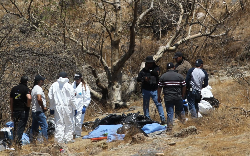 Forensic experts work with several bags of human remains extracted by helicopter from the bottom of a ravine at the Mirador Escondido community in Zapopan, Jalisco state, Mexico. The Jalisco prosecutor's office is investigating to find out if the remains belong to seven missing call center workers.