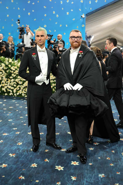 (L-R) Christian Cowan and Sam Smith attend the 2025 Met Gala Celebrating "Superfine: Tailoring Black Style" at Metropolitan Museum of Art on May 05, 2025 in New York City.