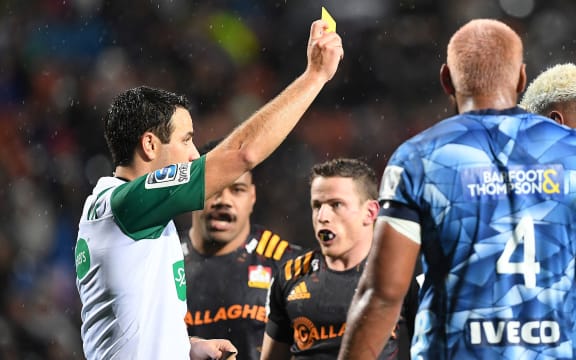 Blues loose forward Dalton Papalii is yellow carded by Ben O'Keefe.
Chiefs v Blues, Super Rugby Aotearoa, FMG Waikato Stadium, Hamilton, New Zealand.