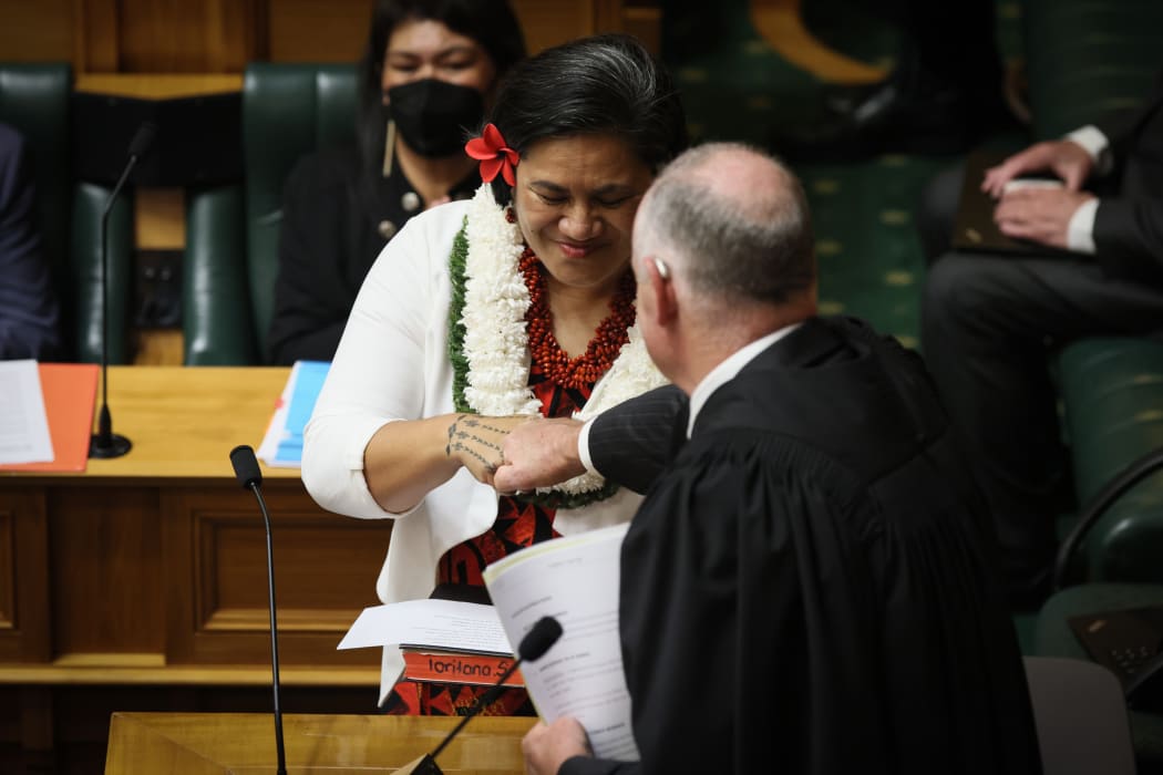 Having been sworn in as an MP Lemaunga Lydia Sosene gets the ceremonial fist-bump  from Trevor Mallard