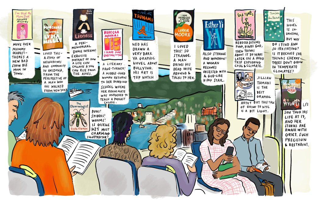 Best of 2023 books spread for NZ Listener by Sarah Laing.
