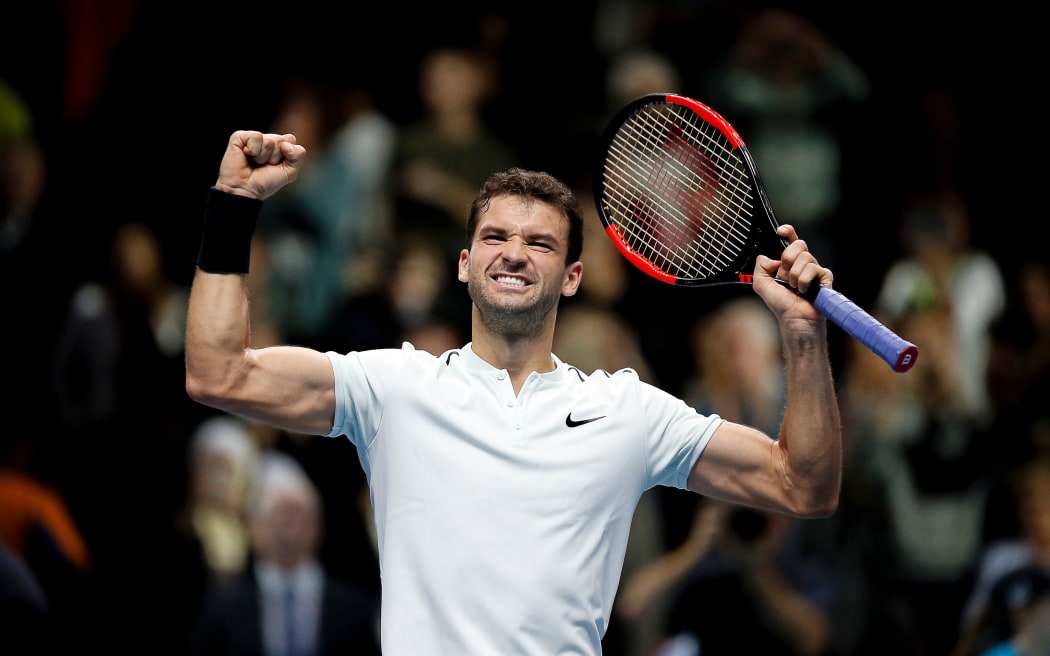 ATP Tennis Finals; Grigor Dimitrov (BUL) celebrates his victory after his match with David Goffin (BEL)