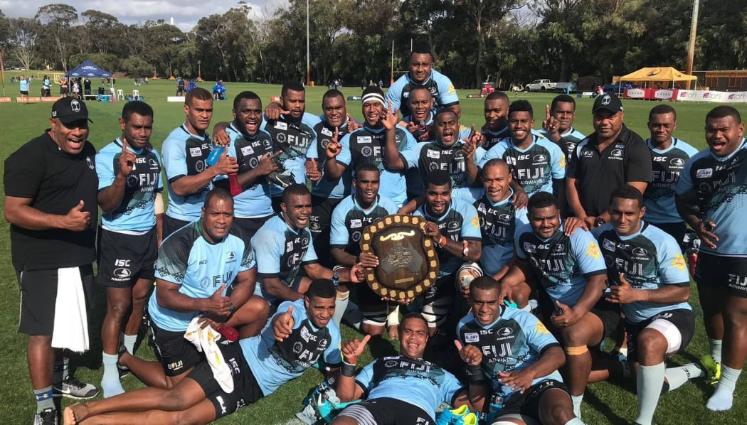 The Fijian Drua celebrate winning the 2018 NRC Minor Premiership and the Horan-Little Shield.