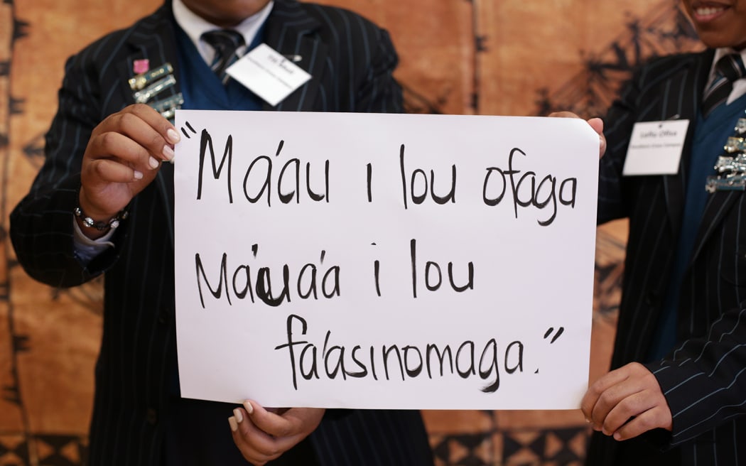 The Southern Cross Campus Samoan debating team. "Ma'au i lou ofaga Ma'ua'a i lou fa'asinomaga. "
