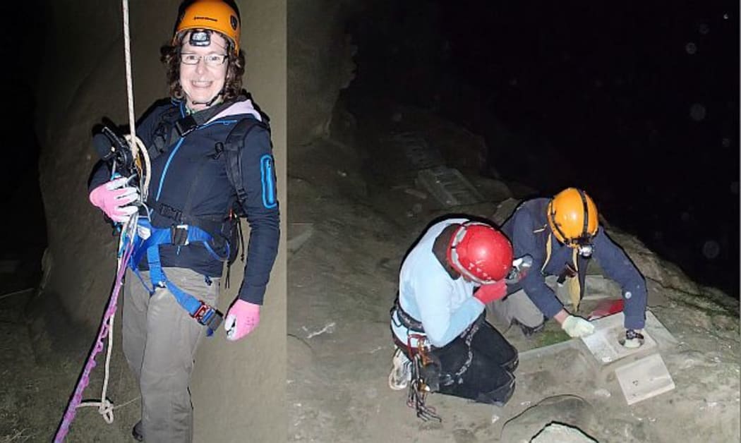 Alison Ballance completed the 50 metre abseil descent to the prion colony with her sound recording equipment slung over her shoulder (left); Graeme Loh and Tiff Stewart (right) checking the leg bands of fairy prions using the nest boxes that Graeme has built on the ledge.