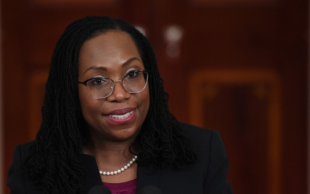 Judge Ketanji Brown Jackson speaks after she was nominated for Associate Justice of the US Supreme Court, in the Cross Hall of the White House in Washington, DC, February 25, 2022.