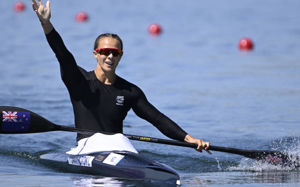 New Zealand's gold medallist Lisa Carrington reacts after winning in the women's kayak single 500m final of the canoe sprint competition at Vaires-sur-Marne Nautical Stadium in Vaires-sur-Marne during the Paris 2024 Olympic Games on August 10, 2024. (Photo by Olivier MORIN / AFP)