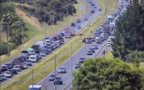 Traffic is backed up between the Bombays and Ramarama on Auckland's Southern Motorway.