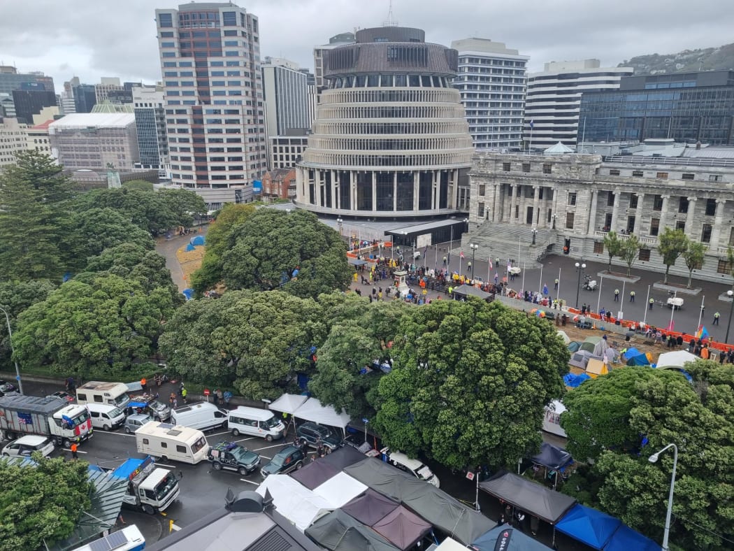 Protesters in Parliament grounds and vehicles blocking the central Wellington street outside.
