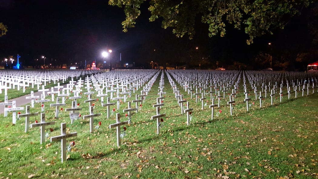 Crosses in Christchurch's Cranmer Square to mark those who died in the two World Wars.