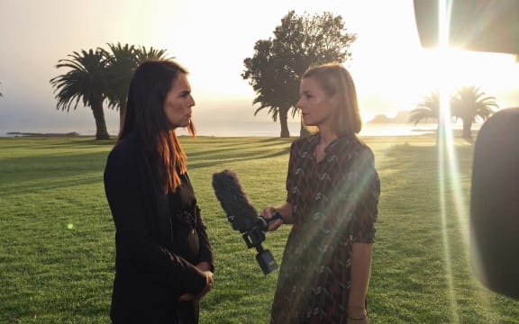 Prime Minister Jacinda Ardern and Mihingarangi Forbes at Waitangi.
