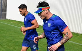 Te Maire Martin and Charnze Nicoll-Klokstad at Warriors training and media session at Mt Smart in Auckland.