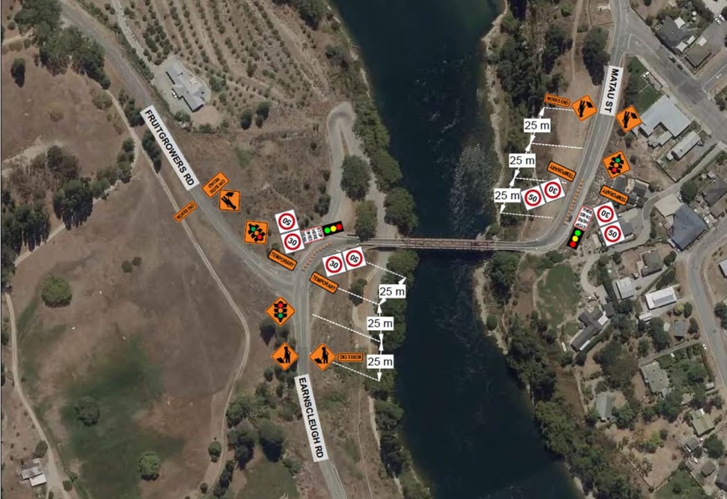 An aerial view of the temporary traffic light management plan at Clyde Bridge, which will be in place over the holiday period. Credit: Supplied/Central Otago District Council