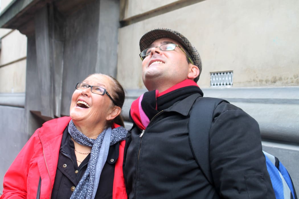 Sandy Harrop and son Joe looking for the hidden signage