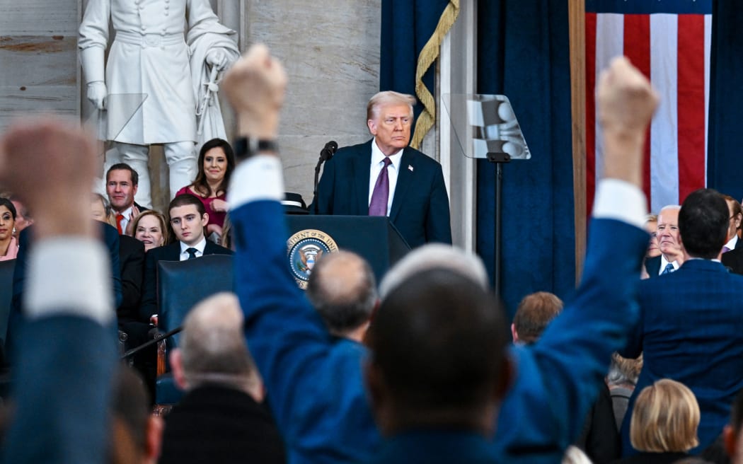 President Donald Trump speaks after being sworn in during the inauguration of Donald Trump as the 47th president of the United States takes place inside the Capitol Rotunda of the U.S. Capitol building in Washington, D.C., Monday, January 20, 2025. It is the 60th U.S. presidential inauguration and the second non-consecutive inauguration of Trump as U.S. president. (Photo by Kenny Holston/The New York Times / AFP)