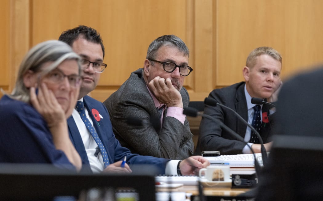 Labour and Green members of Parliament's Standing Orders Committee listen to evidence from the former Prime Minister Sir Geoffrey Palmer during the 2023 Review of Standing Orders.