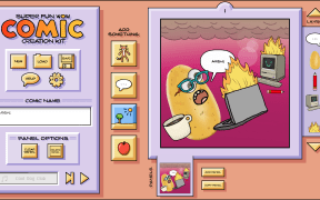 A screenshot of the Super Fun Wow Comic Creation Kit. A menu with options, next to a draft comic strip panel: a potato wearing sunglasses and holding a coffee, using a flaming computer, saying "ARGH!"