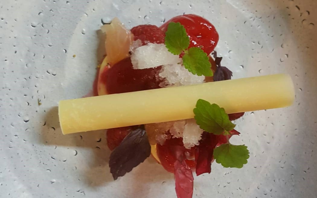 Sidart’s passionfruit custard with raspberry, plum, lemon verbena