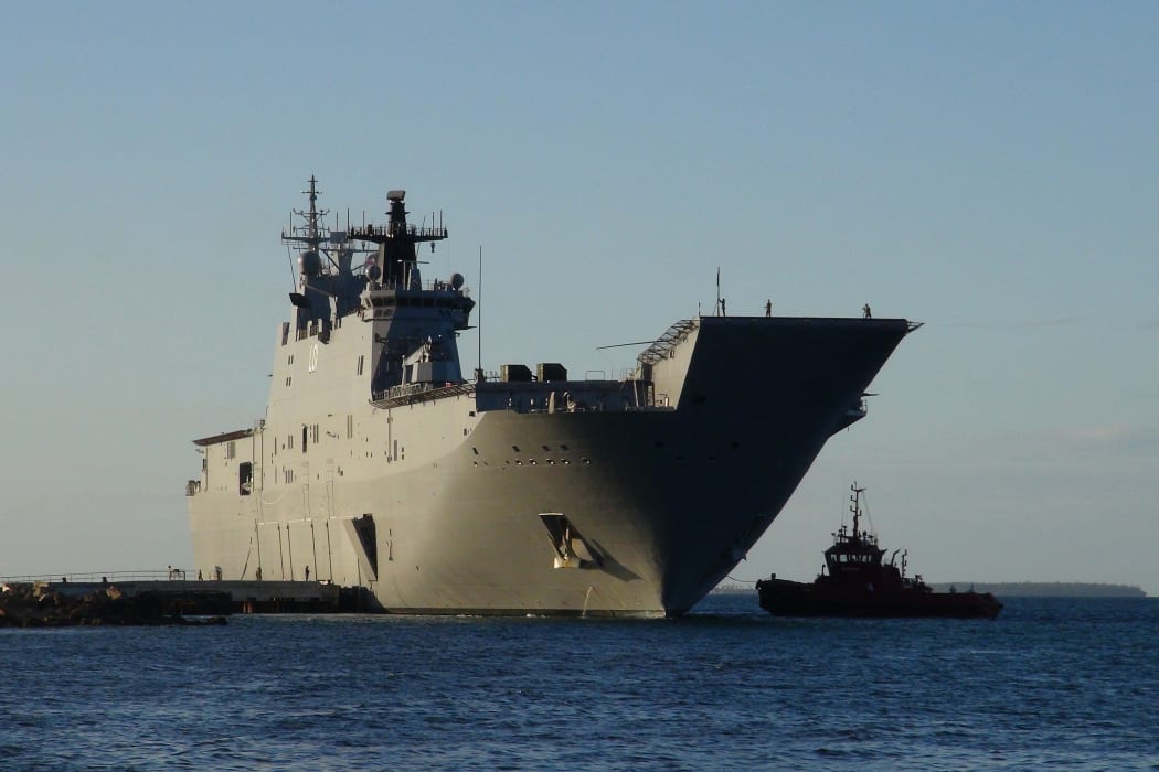 Australian Navy HMAS Adelaide docked at Vuna Wharf in Tonga's capital Nuku'alofa on January 26, 2022.