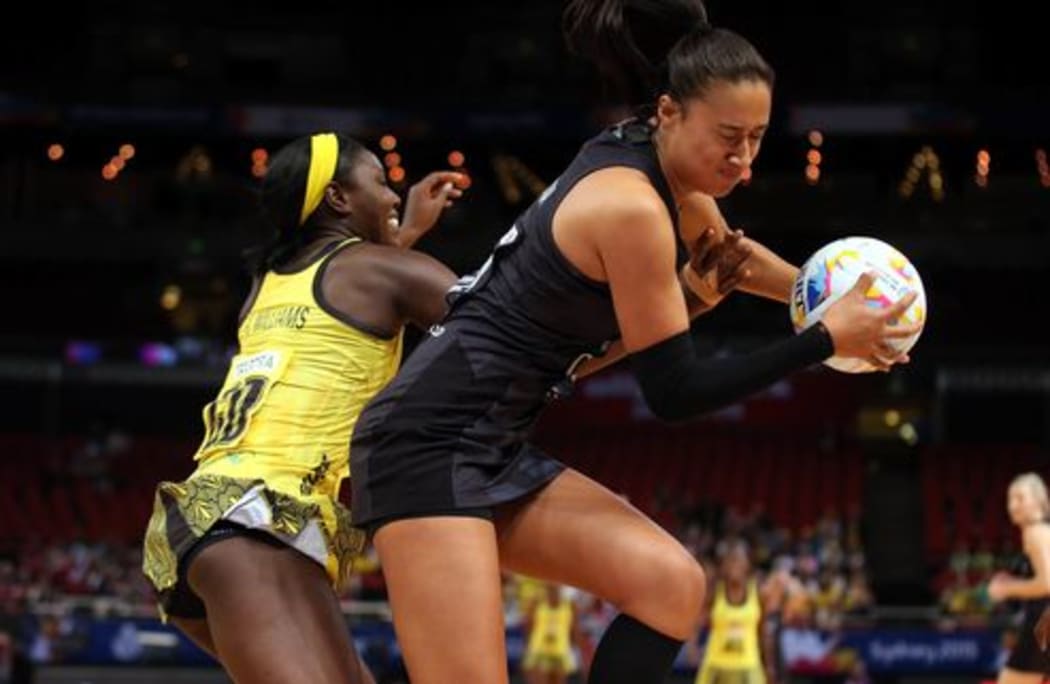 Silver Ferns goal attack Maria Tutaia battles against Jamaica at the 2015 world champs in Sydney.