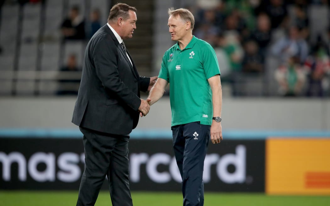 2019 Rugby World Cup Quarter-Final, Tokyo Stadium, Tokyo 19/10/2019 New Zealand All Blacks vs Ireland. New Zealand head coach Steve Hansen with Ireland head coach Joe Schmidt. Mandatory Credit ©INPHO/Dan Sheridan / www.photosport.nz