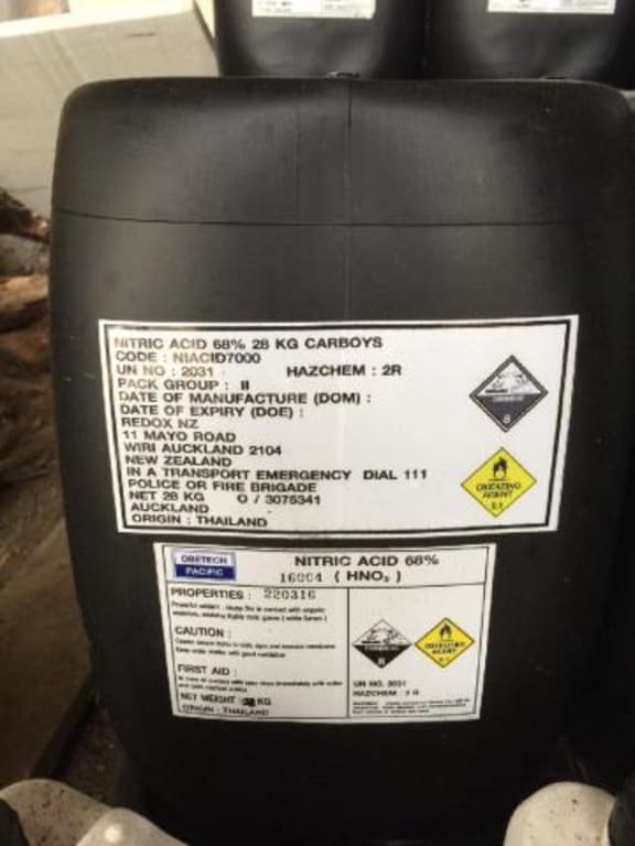 Police said four 20-litre black containers of the acid were stolen during a burglary on Monday night on Wingatui Road in Mosgiel.