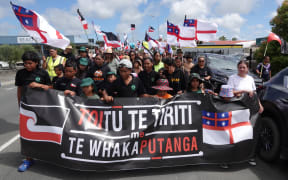 Up to 400 people took part in Friday’s hīkoi down the main street of Kaitāia.