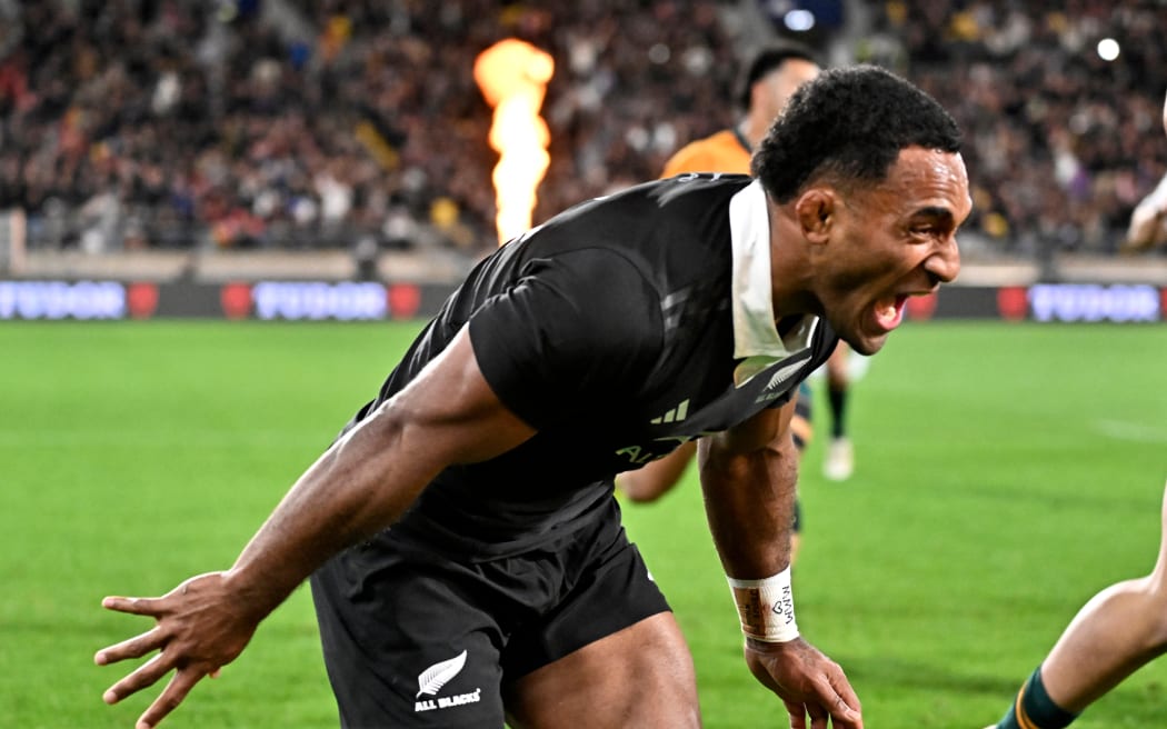 Sevu Reece of New Zealand celebrates a try 1`before the Bledisloe Cup - New Zealand All Blacks v Australia Wallabies at Sky Stadium, Wellington, New Zealand on Saturday 28 September 2024.                                                                    
Copyright photo: Masanori Udagawa /  www.photosport.nz