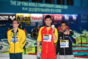 Silver medallist Australia's Mack Horton (left), gold medallist China's Sun Yang (centre) and bronze medallist Italy's Gabriele Detti.