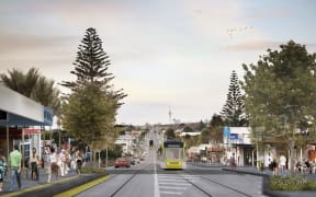 An artists' visualisation for Auckland Transport of light rail in Mt Roskill.