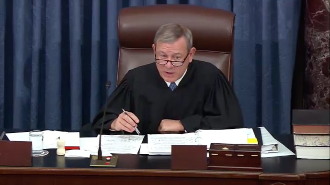 Chief Justice of the United States John G. Roberts, Jr presides as the US Senate considers an amendment to US Senate Resolution 483, during the impeachment trial of US President Donald J Trump.