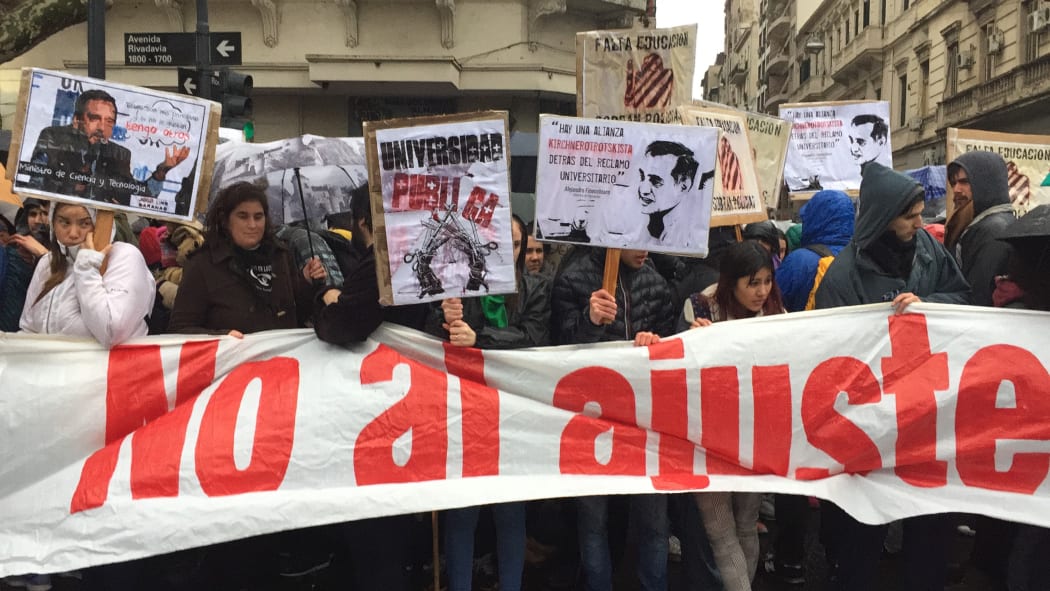 People march for teachers' salary increase and against budget cuts in Argentine public universities, in Buenos Aires, during a strike on August 30, 2018.
