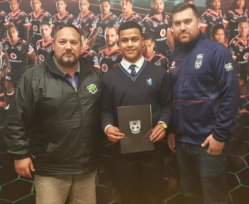 NRL agent Dixon McIver with Stanley Iongi (c) who signed with the Vodafone Warriors in 2018 to 2021 alongside former Future Warriors Programme Manager Jordan Friend.