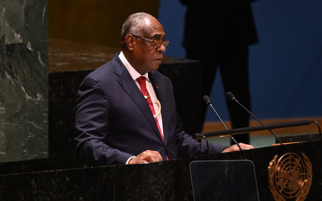 Vanuatu's Prime Minister Ishmael Kalsakau speaks prior to a vote on a resolution aimed at fighting global warming, at the general assembly hall of the United Nations (UN) headquarters in New York on March 29, 2023.