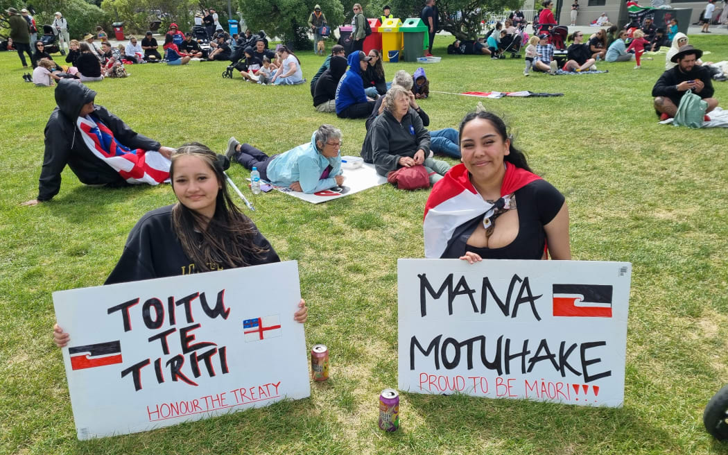 Protesters relax at Waitangi Park after te Hīkoi mō te tiriti reached Parliament.