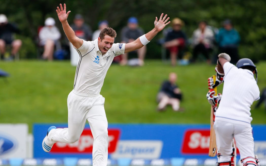 Tim Southee takes a wicket against Sri Lanka 2014.