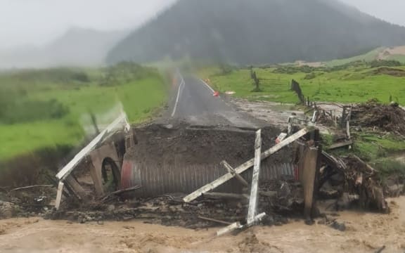 A bridge has come apart on the road to the East Cape in Tairāwhiti after torrential rain and strong winds on 13 April.