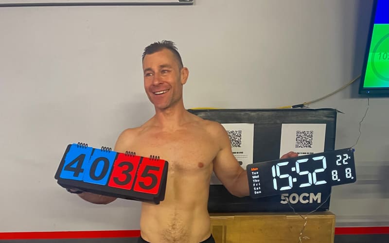 Josh Harding celebrates completing his chin-up challenge.