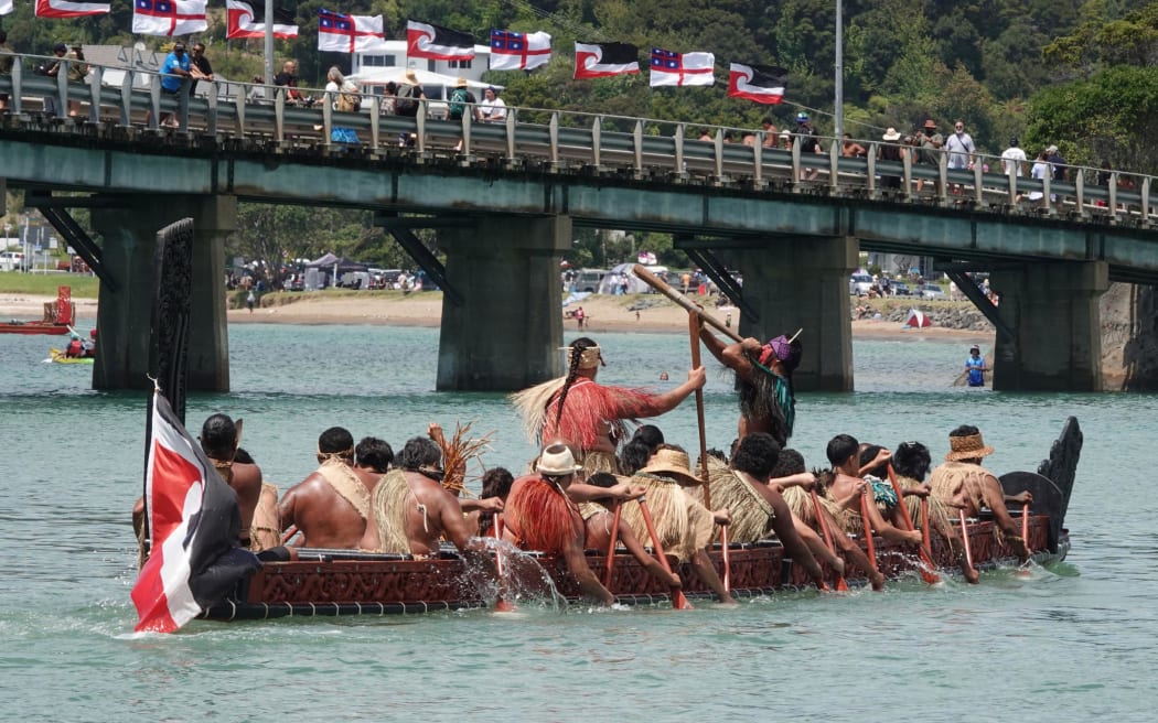 The Ngati Kahu waka Te Rangimarie is launched next to Waitangi Bridge, on 5 February, 2025.