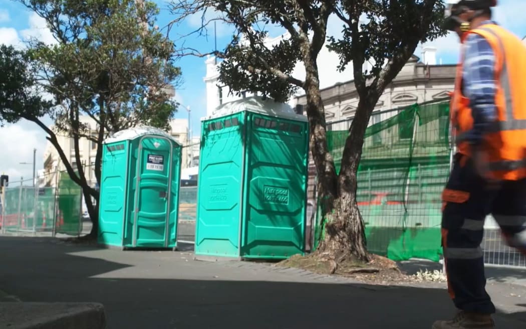 Portaloos on Pitt Street, Auckland.