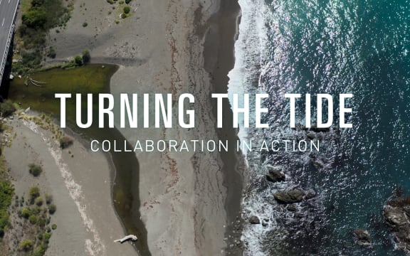 Drone shot of a coastline. Text reads "Turning The Tide: Collaboration in action"