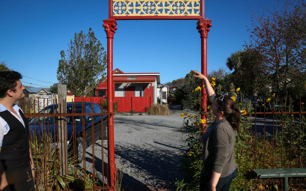 Red Verandah Cafe owner, Amanda Heasley showing the old entrance to her cafe pre-quake.