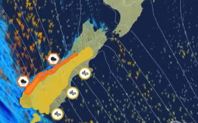 MetService screengrab showing severe weather warnings and watches across much of the South Island.