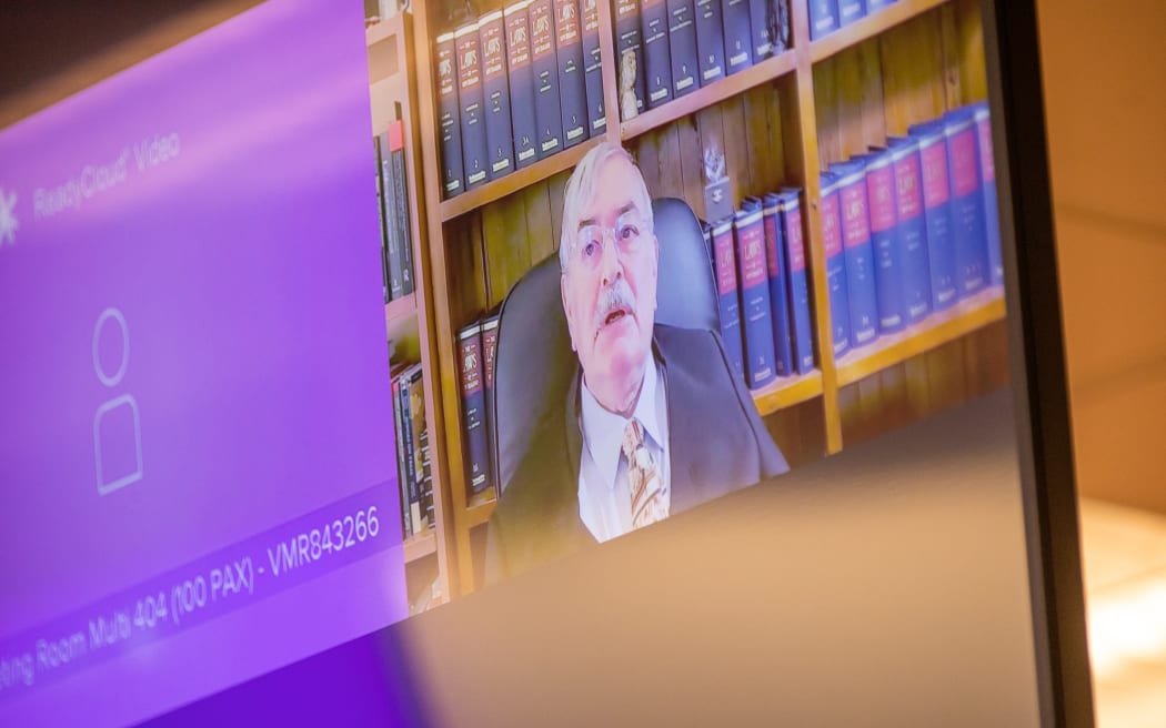 Lawyer Tony Ellis appears via video link at a hearing of the Supreme Court in Auckland. Ellis represents an autistic and intellectually disabled man detained under the Intellectual Disability Compulsory Care and Rehabilitation Act for 18 years because he is considered too dangerous to release.