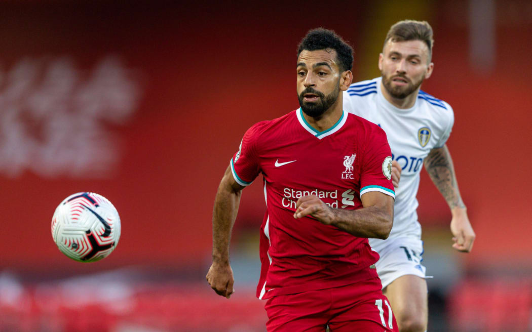 Liverpool's Mohamed Salah chases the ball during the English Premier League againsts Leeds United.