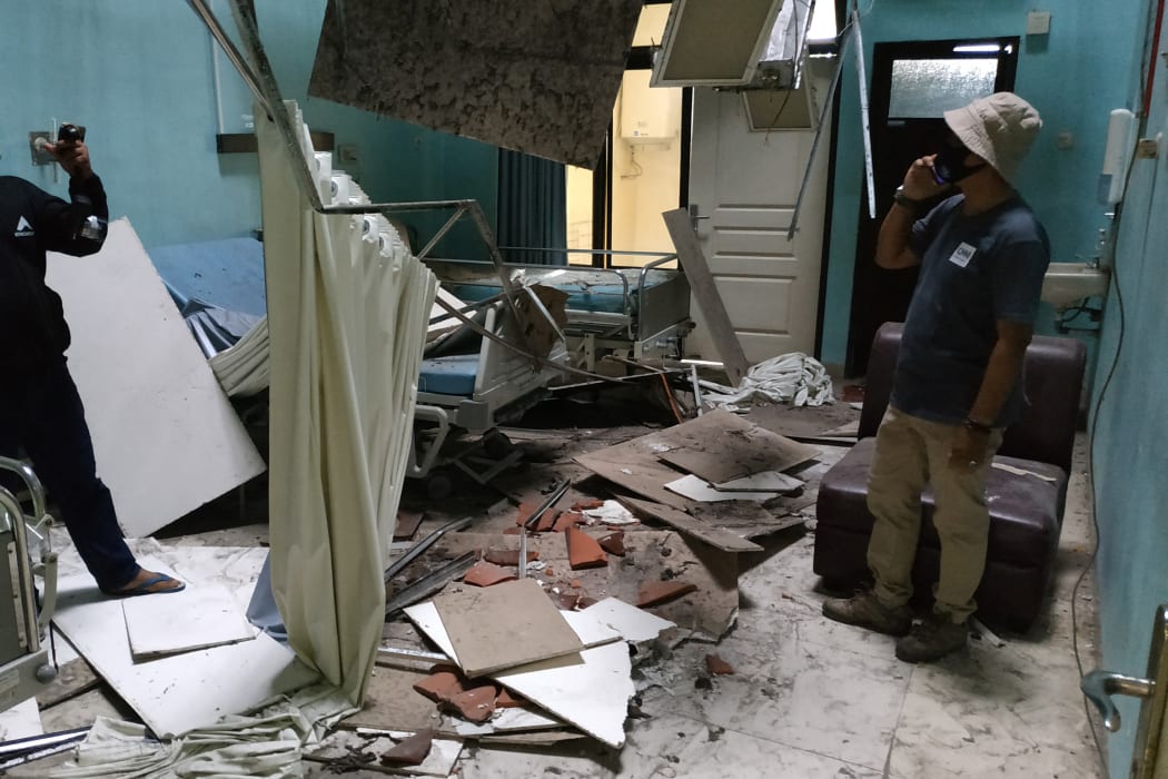 Damage to a ward is seen at the Ngudi Waluyo hospital in Blitar, East Java, on 10 April 2021, after a 6.0 magnitude earthquake struck off the coast of Indonesia's Java island.
