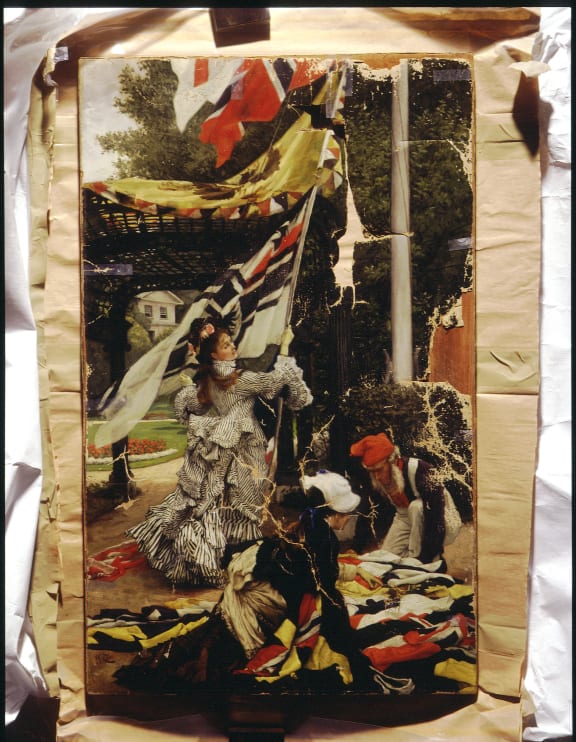The Tissot painting, 'Still on Top', damaged after it was stolen and before being painstakingly restored