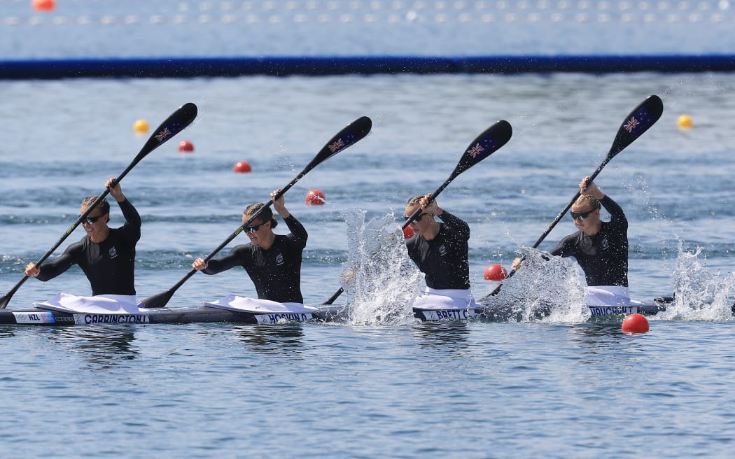 Olivia Brett, Dame Lisa Carrington, Alicia Hoskin, Tara Vaughan from New Zealand win gold in the women’s four final.Paris Olympics 2024.