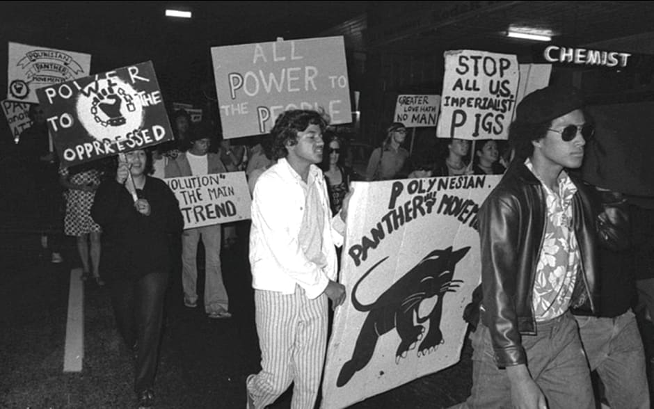 The Polynesian Panthers at a protest rally in the 1970s.