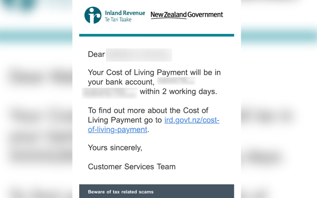 The email from Inland Revenue notifying of a cost of living payment.